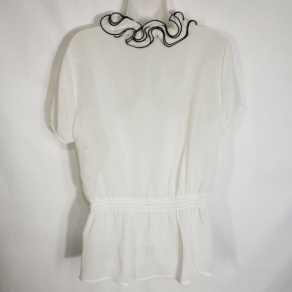 AGB Womens Top Large Ivory Sheer Ruffle Accent Button Elastic Waist Blouse - Picture 2 of 10